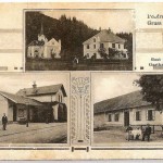 Trzin, razglednica, založnik Franc Kunc, Ljubljana, izdana okoli 1910, poslana 12.11.1014, sestavljenka z motivi: cerkev svetega Florijana z župniščem, železniška postaja in gostilna pri kolodvoru, secesijski geometrijski okras, dvojezični podnapis, hrani Gorenjski muzej v Kranju