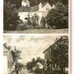 Trzin, razglednica, založnik neznan, izdana okoli 1935, poslana 1.10.1942, motiva: pogled na cerkev svetega Florijana in na današnjo Mengeško cesto, hrani Gorenjski muzej v Kranju